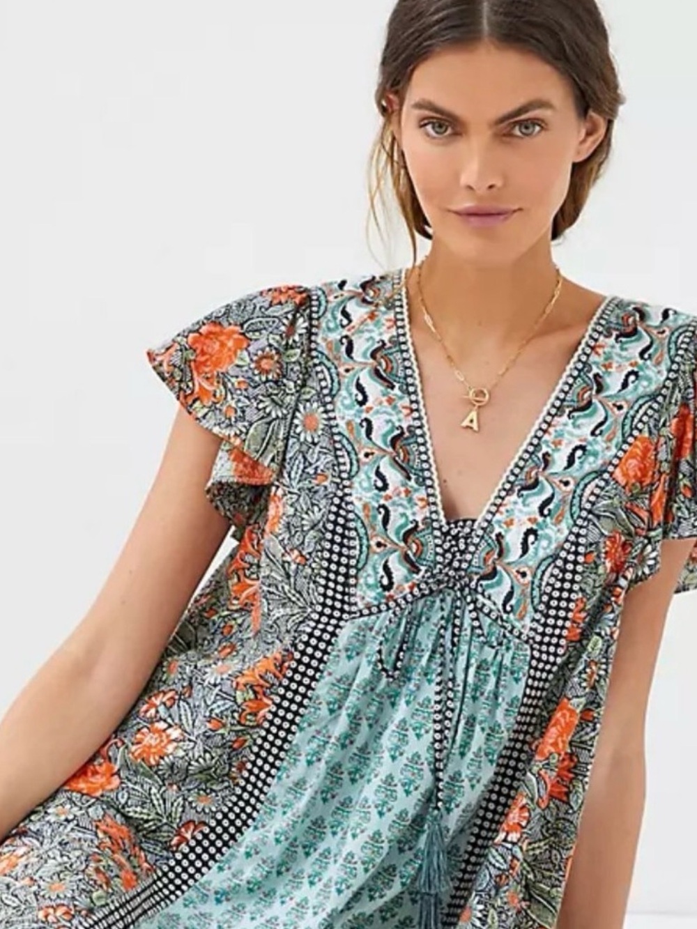 Anthropologie Astrid Tunic Dress Small Boho Floral Tassel Mini